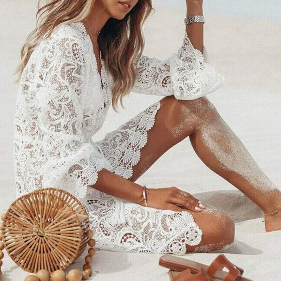 Lace Hollow Crochet Bikini Cover-ups Floral Beach Dress Beachwear Bathing Suit - Picture 12 of 12